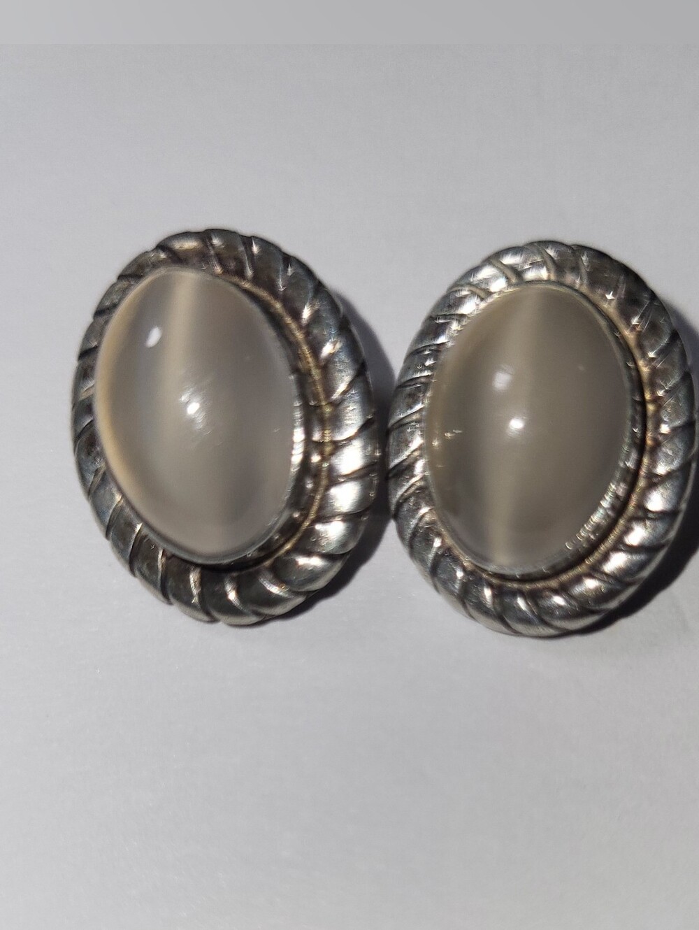 Vintage 925 Sterling Silver With Gray Oval Cabochon Clip Earrings